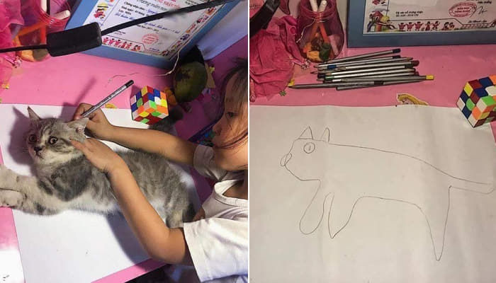 숙제하려고 도화지 꺼내 들고 책상 앞에 앉은 어린 딸이 '고양이 그림' 그리는 방법